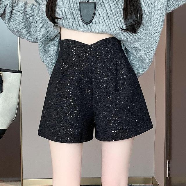 High Waist Plain Glitter Dress Shorts Product Image