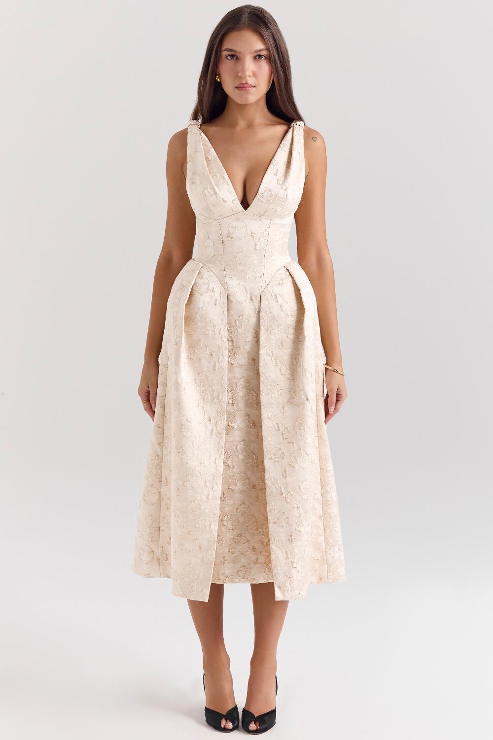 Paloma Ivory Metallic Jacquard Midi Dress Product Image