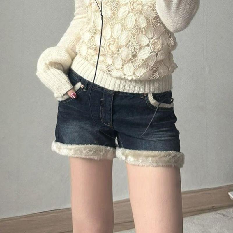 Low Rise Fleece Trim Denim Hot Pants Product Image