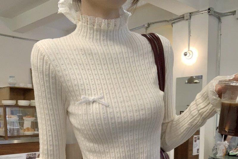 Long-Sleeve Mock Neck Lace Trim Ribbed Top Product Image