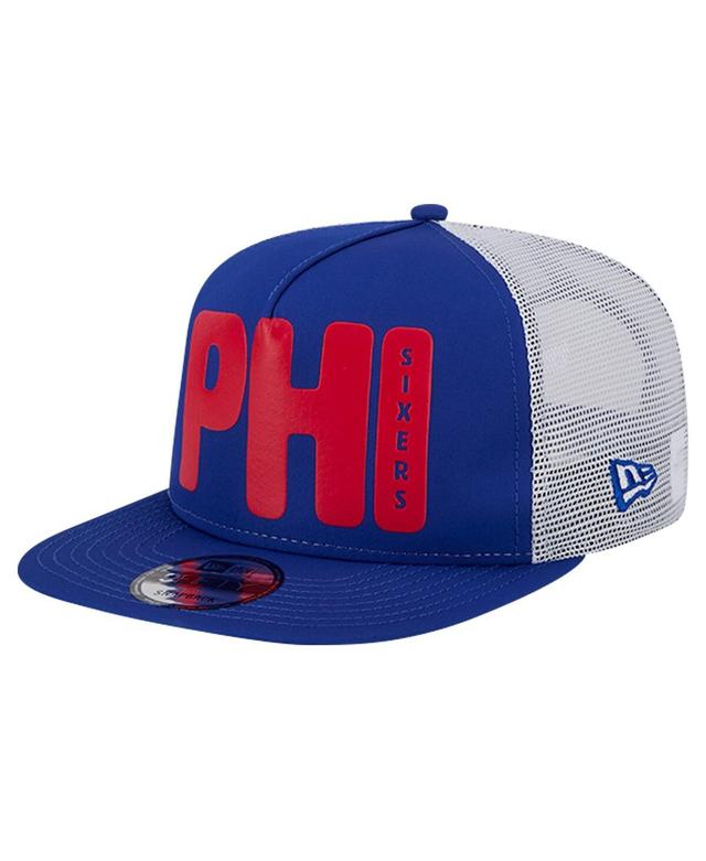 New Era Mens Royal Philadelphia 76ers Puff Print Team Code A-Frame 9FIFTY Trucker Snapback Hat - Royal Product Image