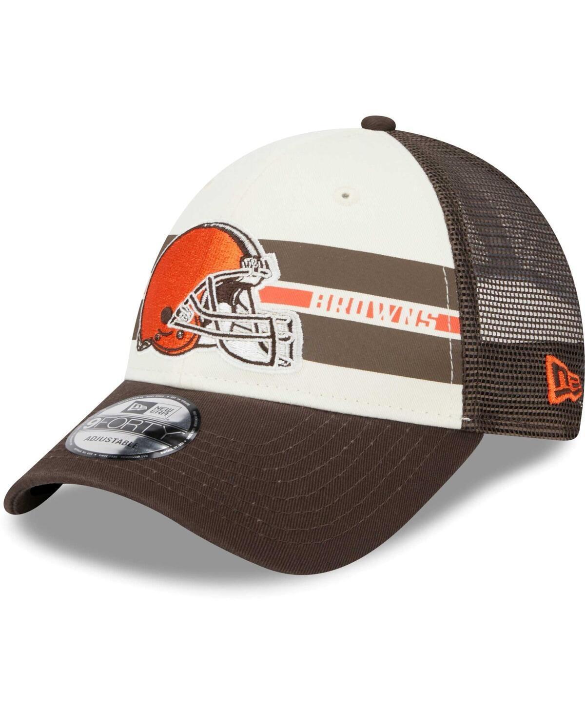 Mens New Era Cream/Brown Cleveland Browns Team Stripe Trucker 9FORTY Snapback Hat Product Image