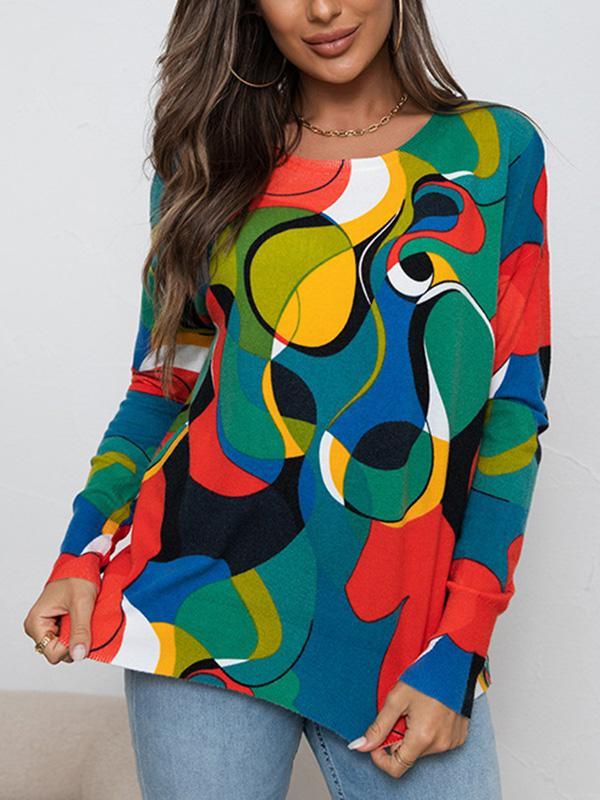 Long Sleeves Loose Contrast Color Printed Round-Neck Knitwear Pullovers Sweater Tops Product Image