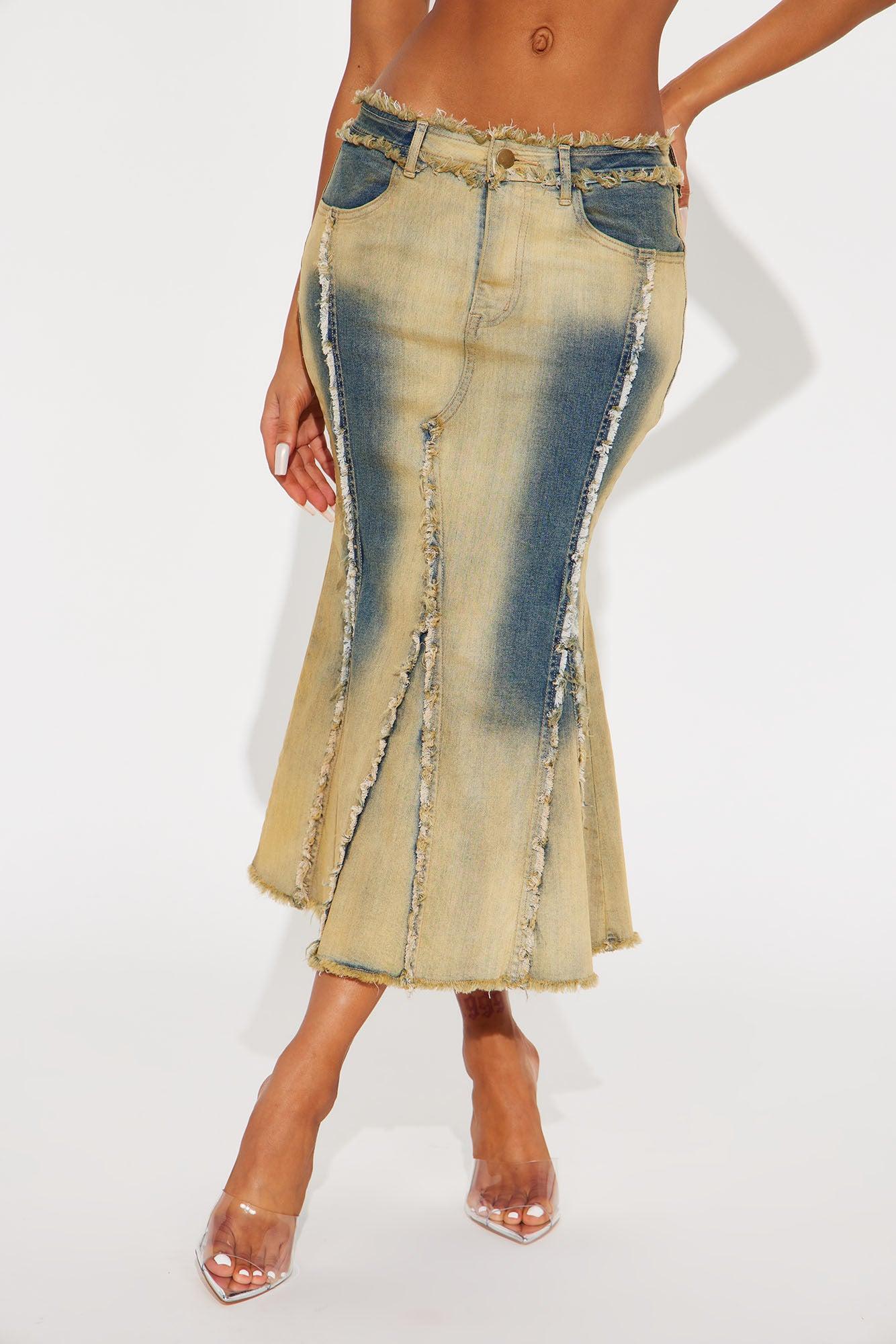 Off We Go Tinted Denim Midi Skirt - Vintage Wash Product Image