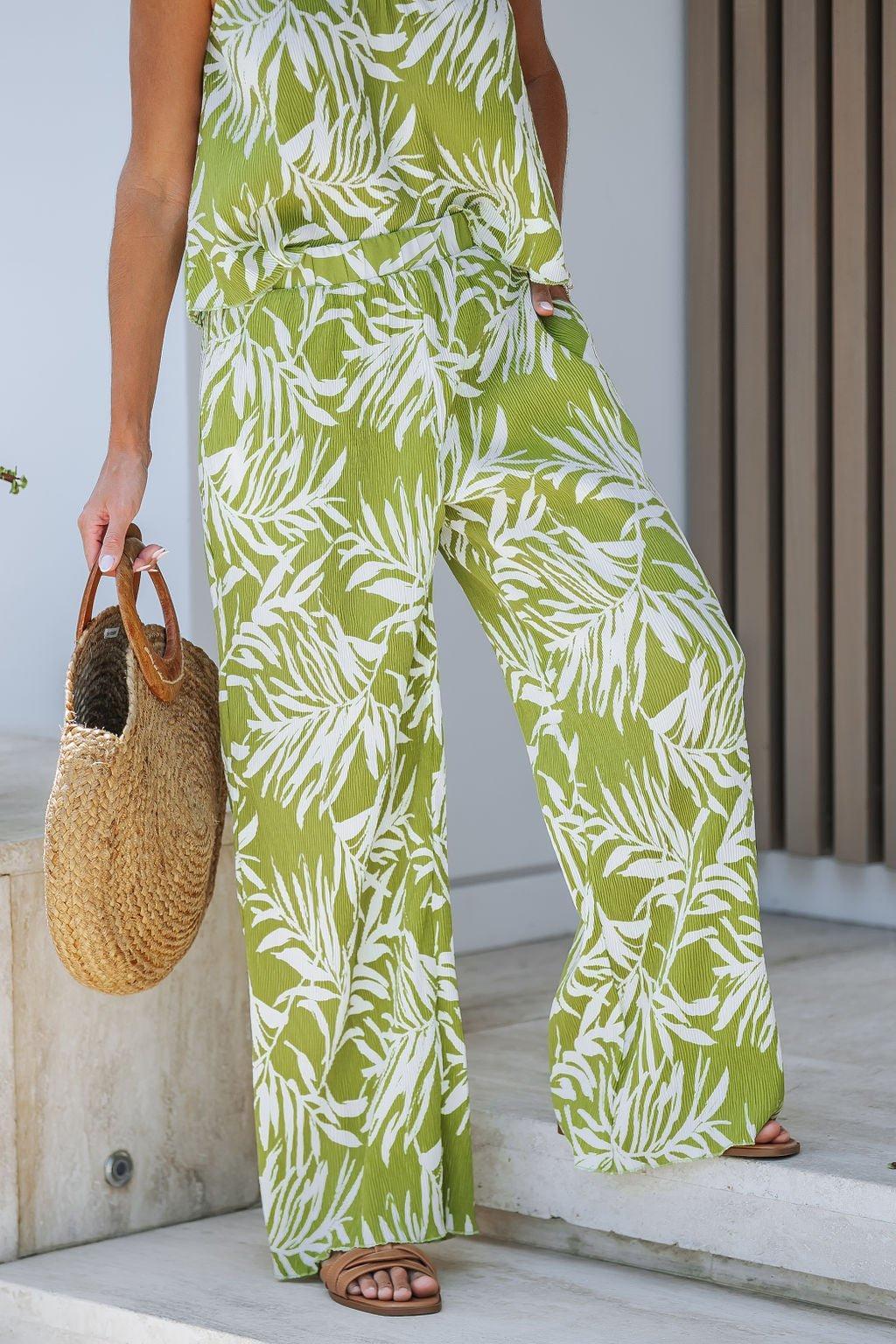 Green Leaf Print Plisse Wide Leg Pants - FINAL SALE Product Image