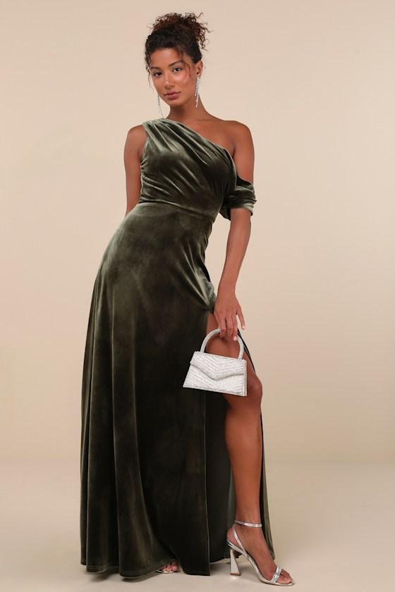 Coveted Confidence Olive Green Velvet Asymmetrical Maxi Dress Product Image