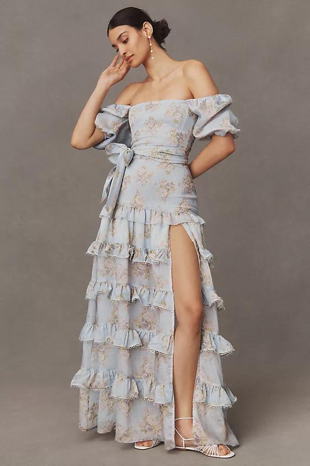 V. Chapman Elsie Ruched Tiered Puff-Sleeve Gown Product Image