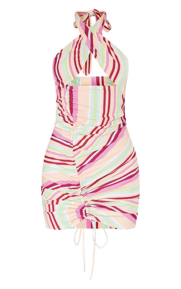 Multi Stripe Textured Wrap Neck Ruched Bodycon Dress Product Image