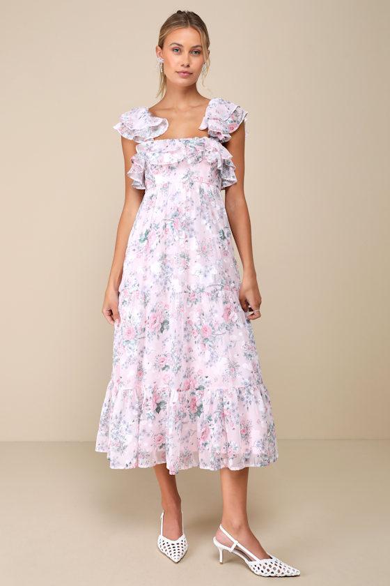 Genuine Sweetness Light Pink Floral Jacquard Lace-Up Midi Dress Product Image