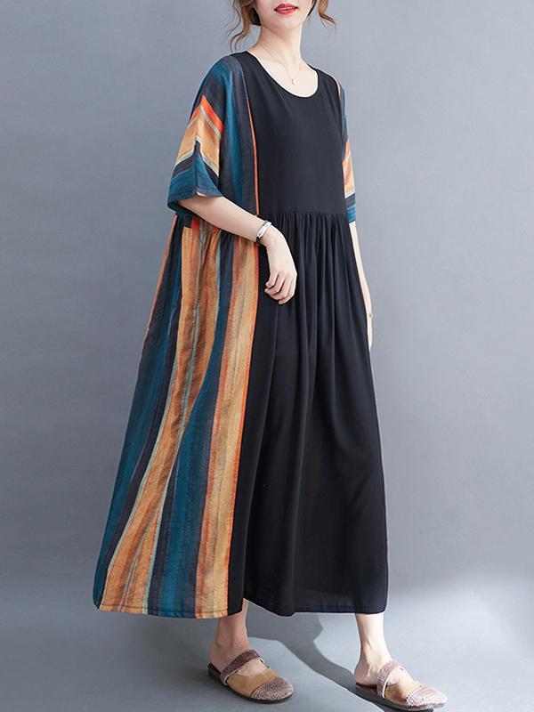 Loose Contrast Color Striped Pleated Midi Dress Product Image