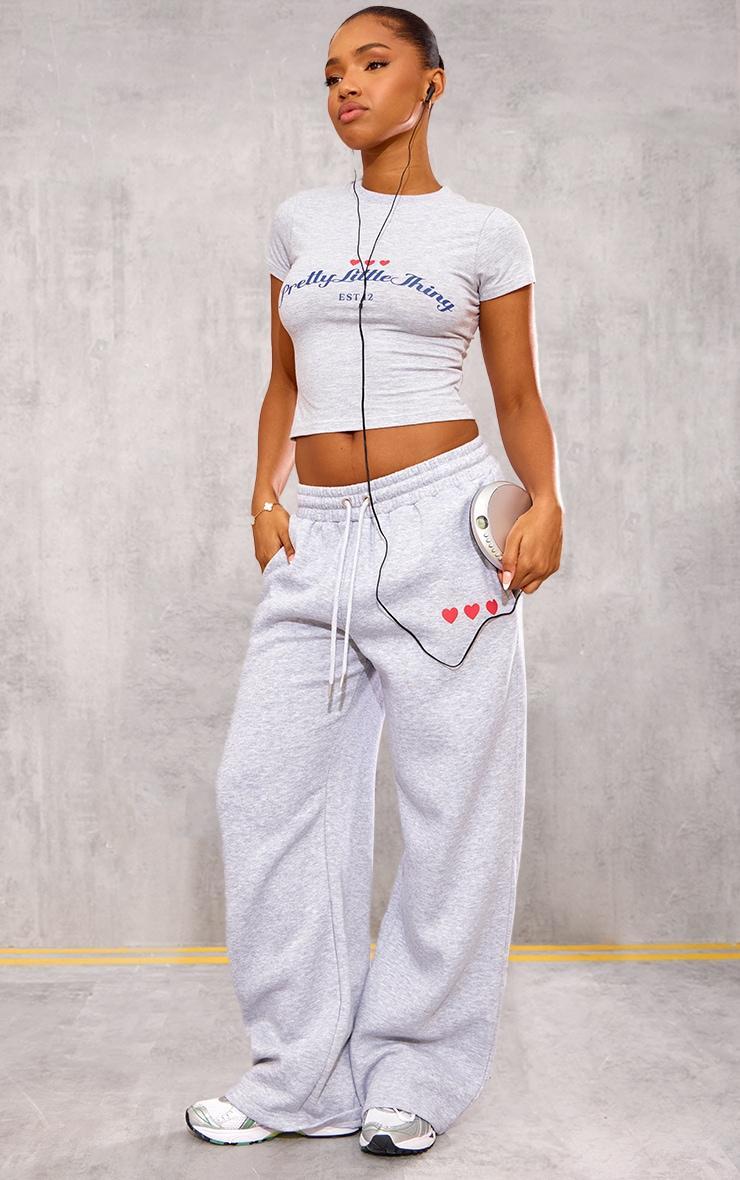 PRETTYLITTLETHING Grey Marl Heart Printed Wide Leg Joggers product image