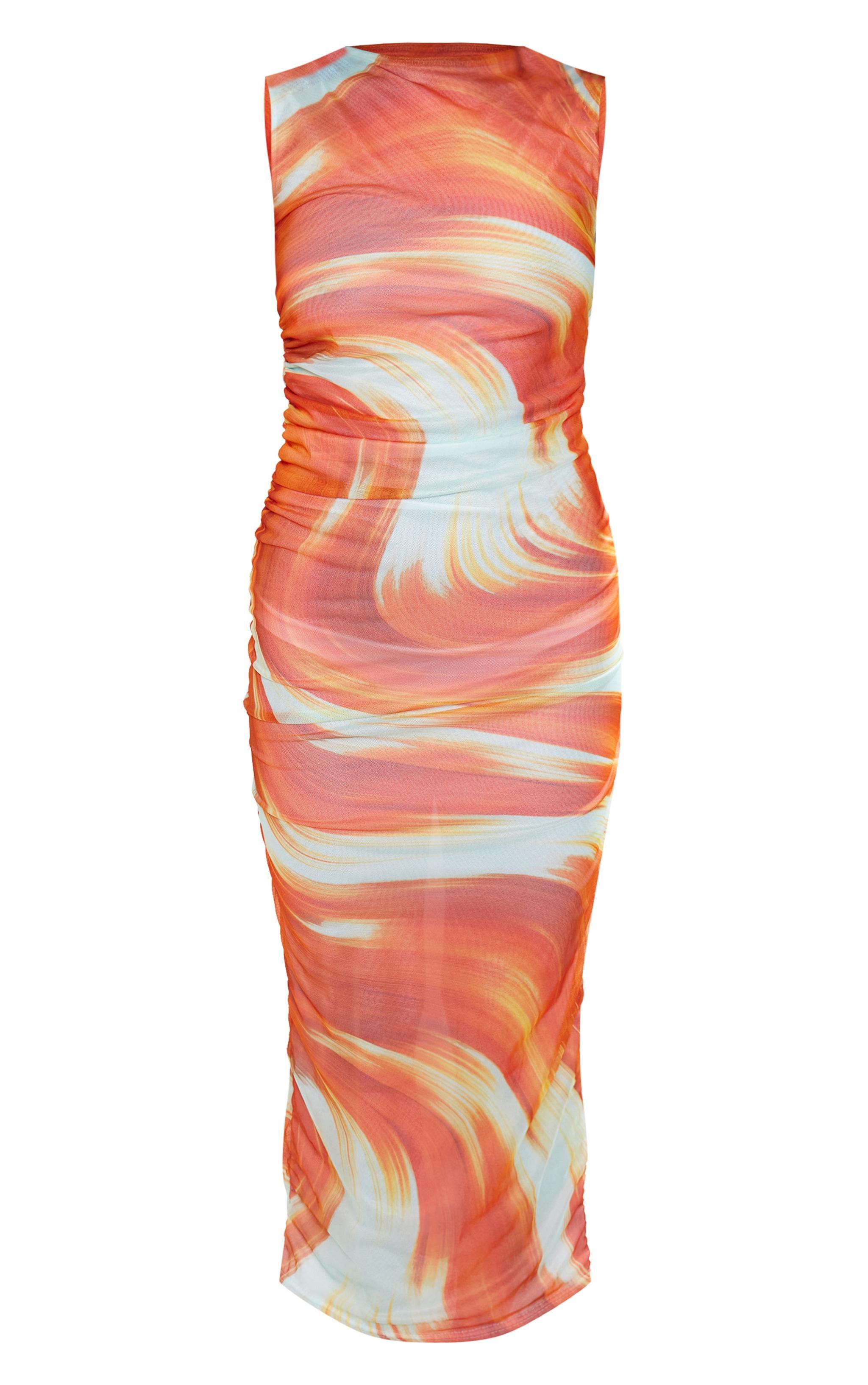 Orange Swirl Print Mesh Maxi Dress Product Image