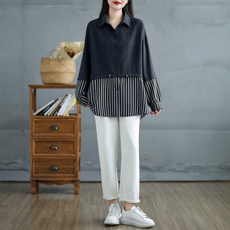 Long-Sleeve Striped Panel Drawstring Waist Button-Up Tunic Shirt Product Image