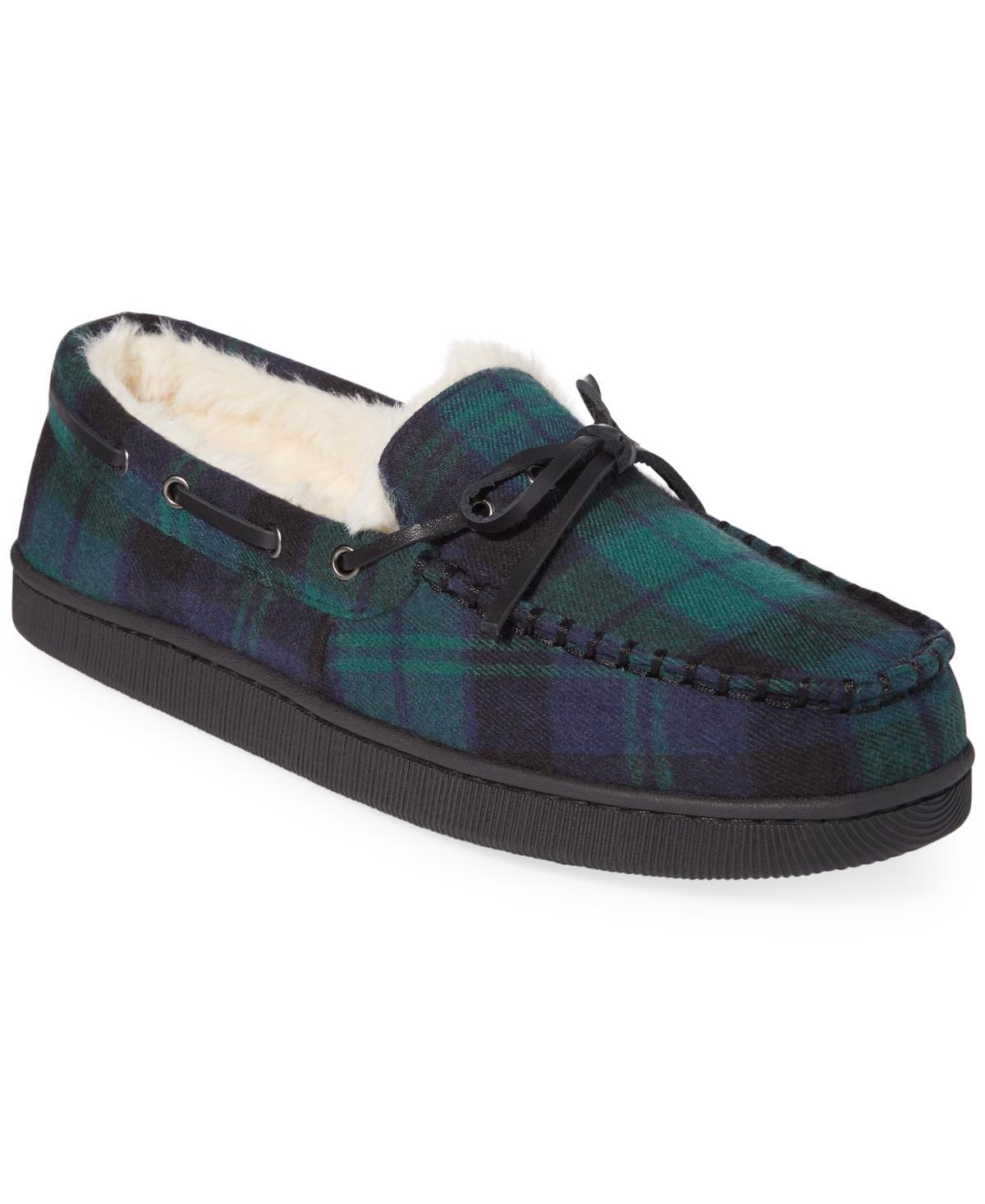 Club Room Mens Plaid Moccasin Slippers with Faux-Fur Lining, Created for Macys - Green Product Image