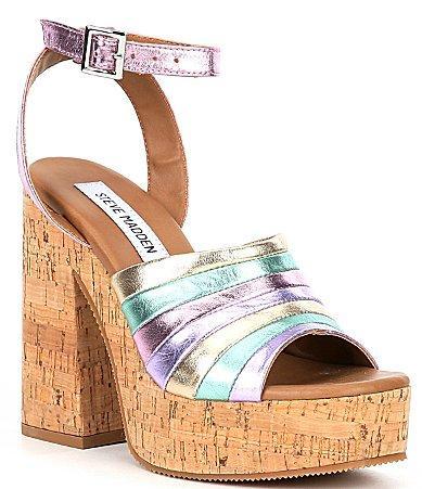 Steve Madden Delvina Rainbow Metallic Leather Cork Platform Sandals Product Image