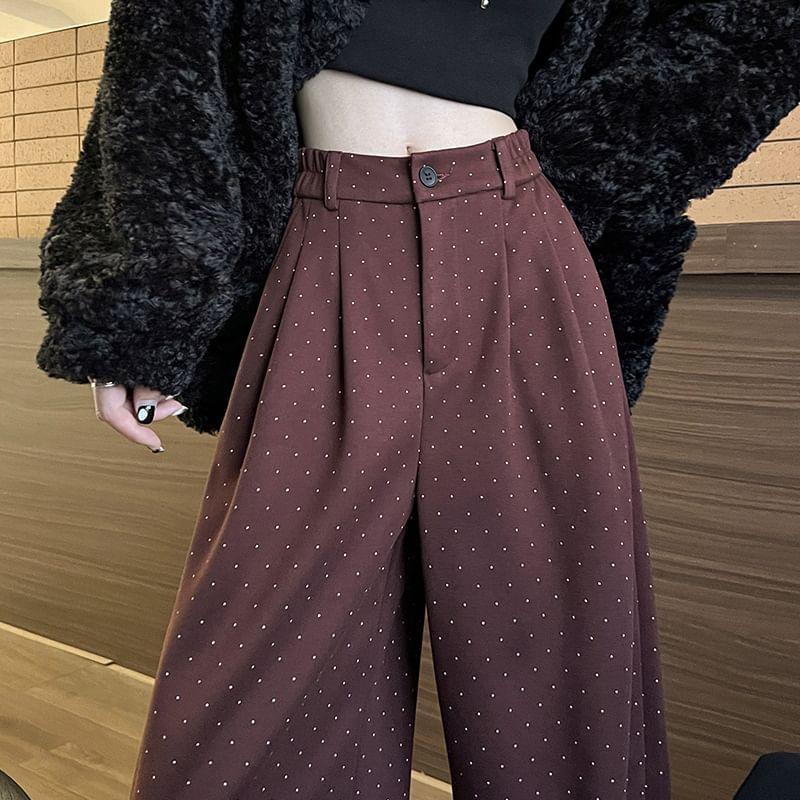 High Rise Dotted Fleece-Lined Wide Leg Dress Pants Product Image