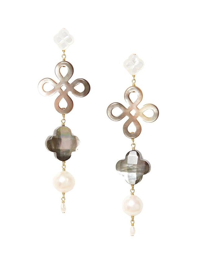 Womens 18K-Gold-Plated, Mother-Of-Pearl & Freshwater Pearl Clover Drop Earrings Product Image