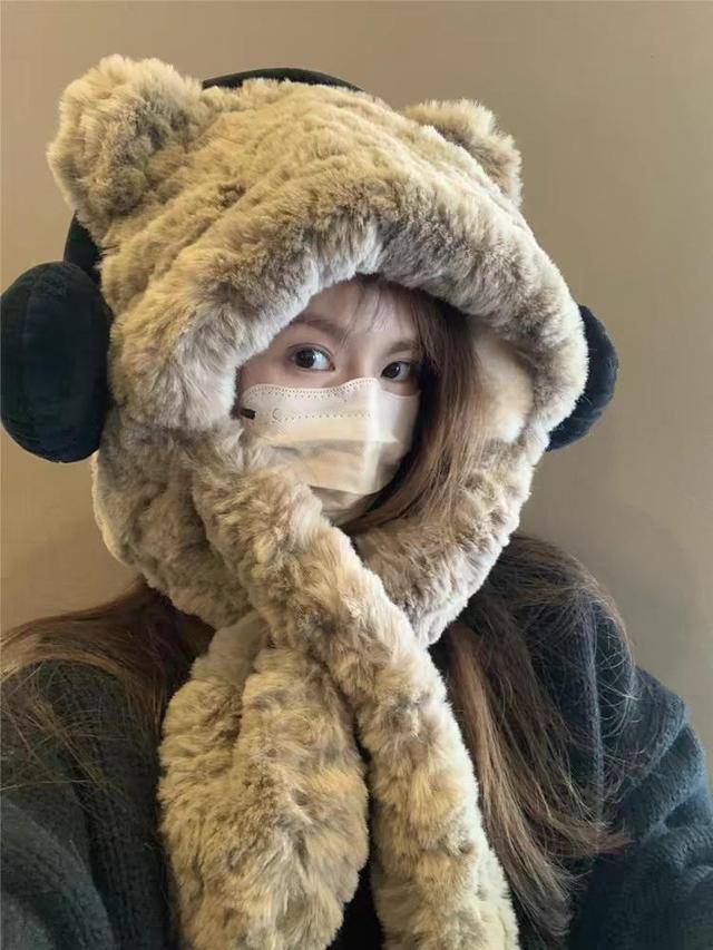 Bear Ear Fluffy Hooded Scarf / Ribbed Beanie Product Image