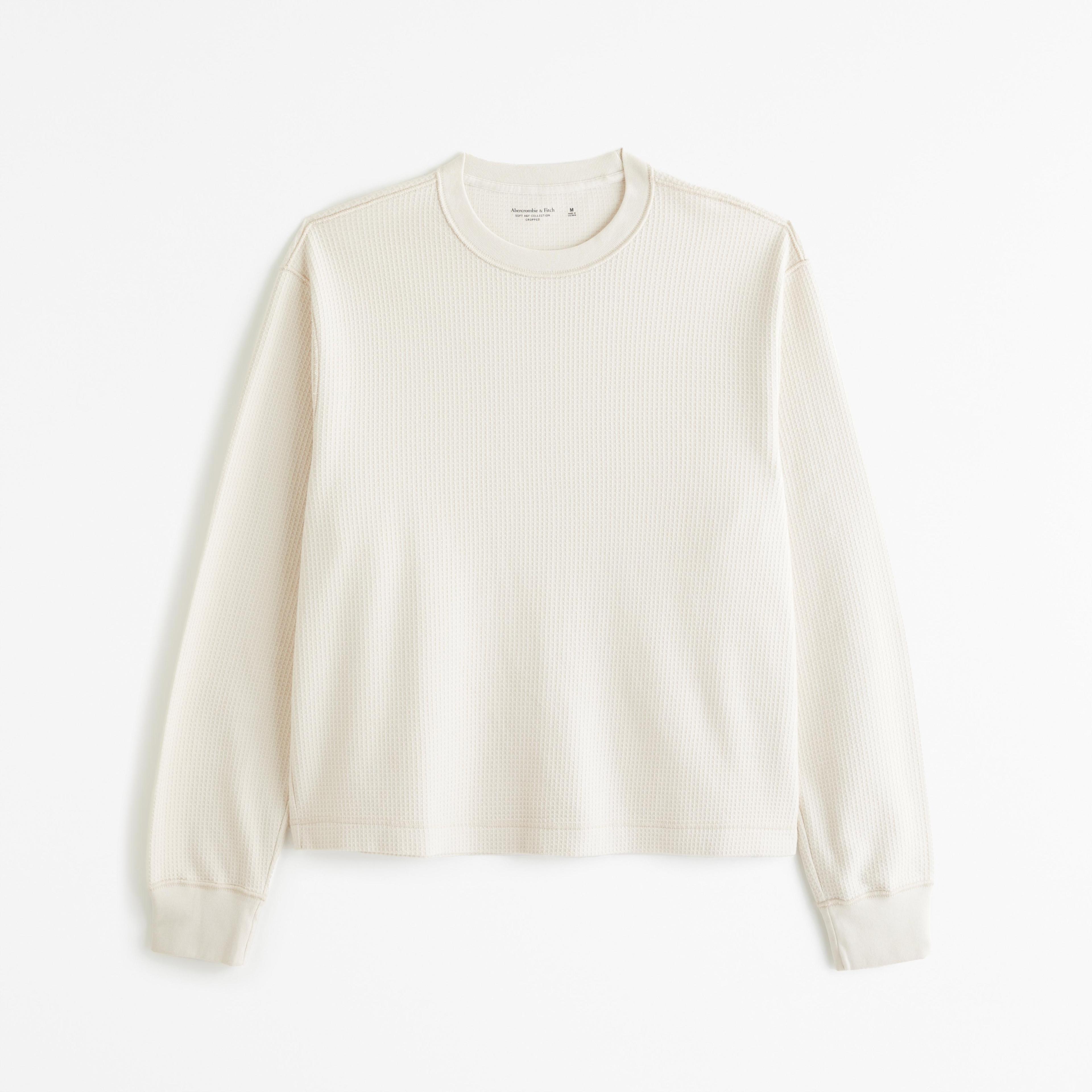 Long-Sleeve Grid Waffle Cropped Tee Product Image