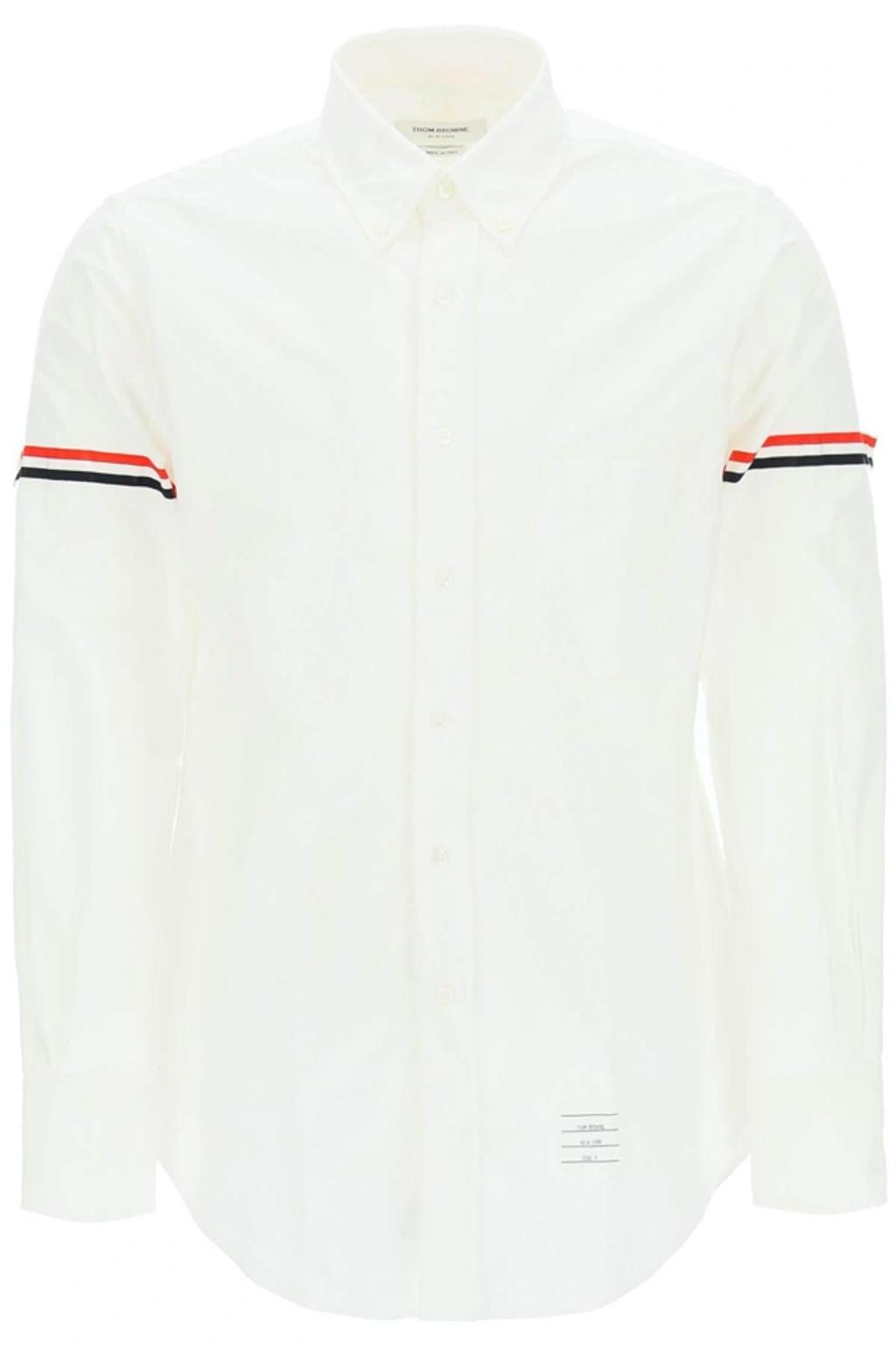 THOM BROWNE Button-down Collar Grosgrain-trimmed Cotton-poplin Shirt In White Product Image