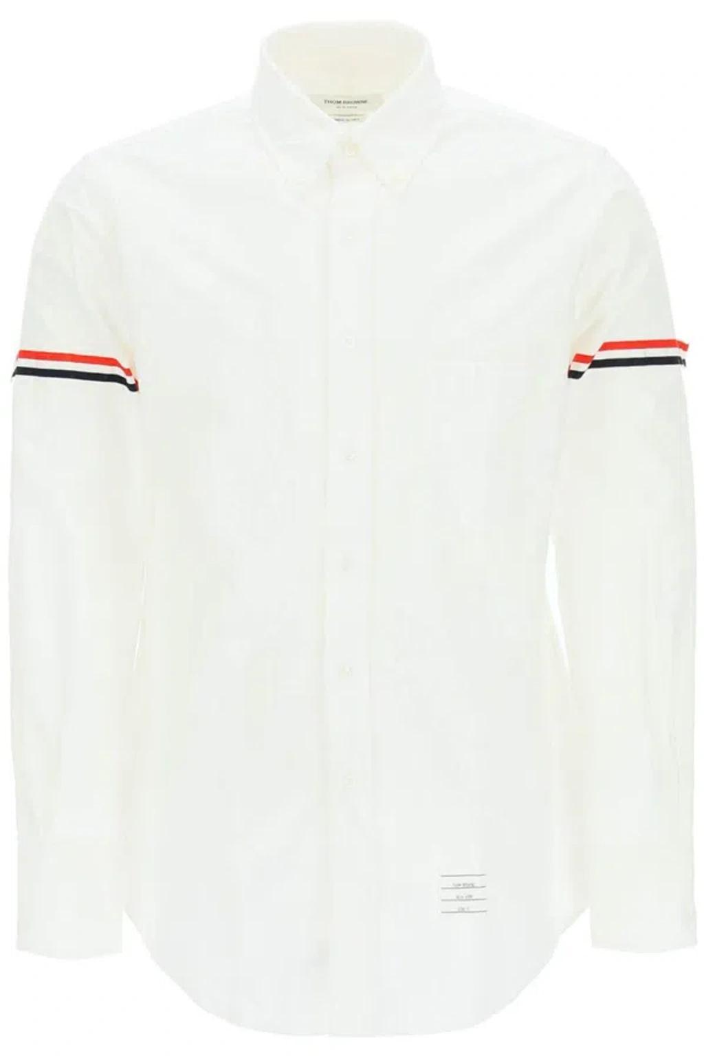 THOM BROWNE Button-down Collar Grosgrain-trimmed Cotton-poplin Shirt In White Product Image