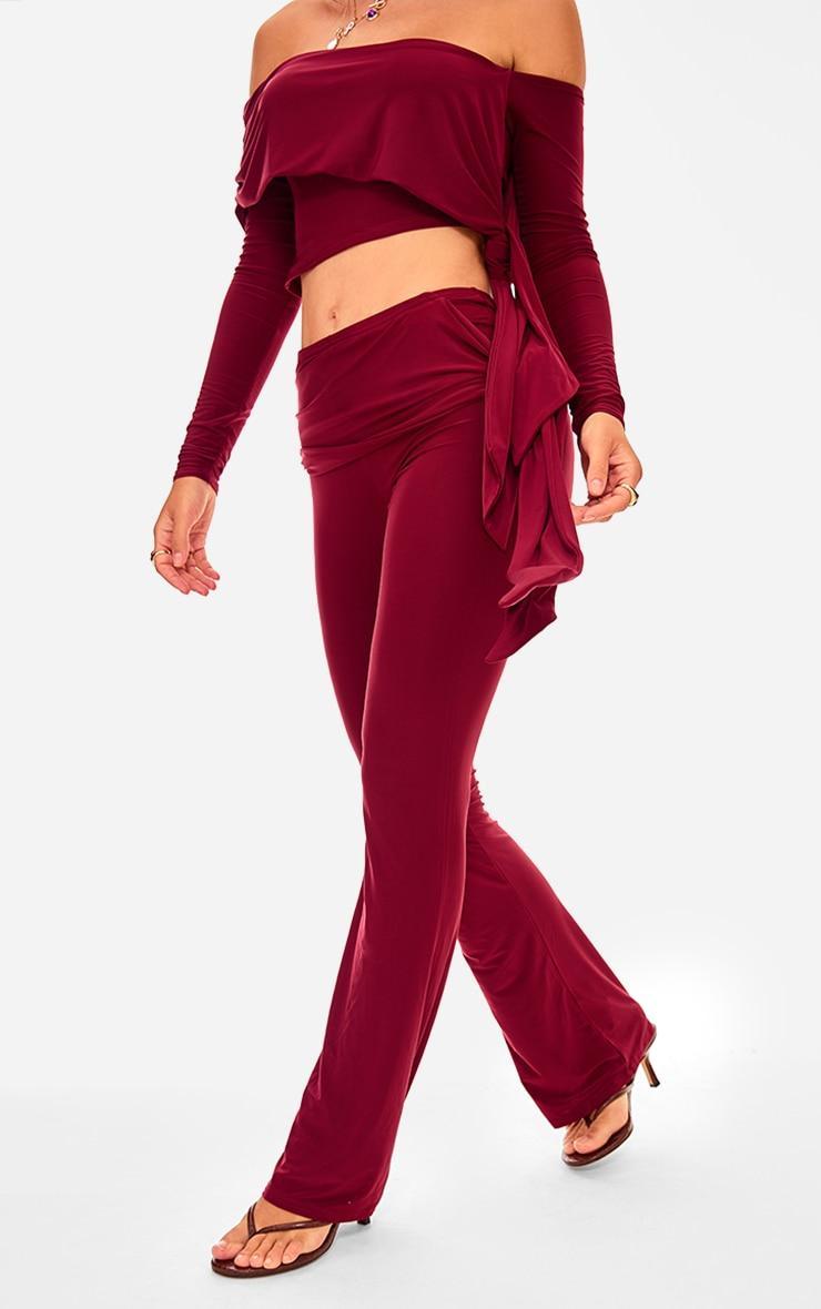 Burgundy Slinky Ruched Tie Detail Flare Trousers Product Image