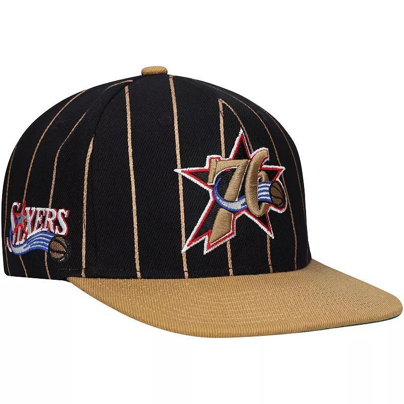 Mens Mitchell & Ness Black/Gold Philadelphia 76ers Hardwood Classics Pinstripe Snapback Hat Product Image