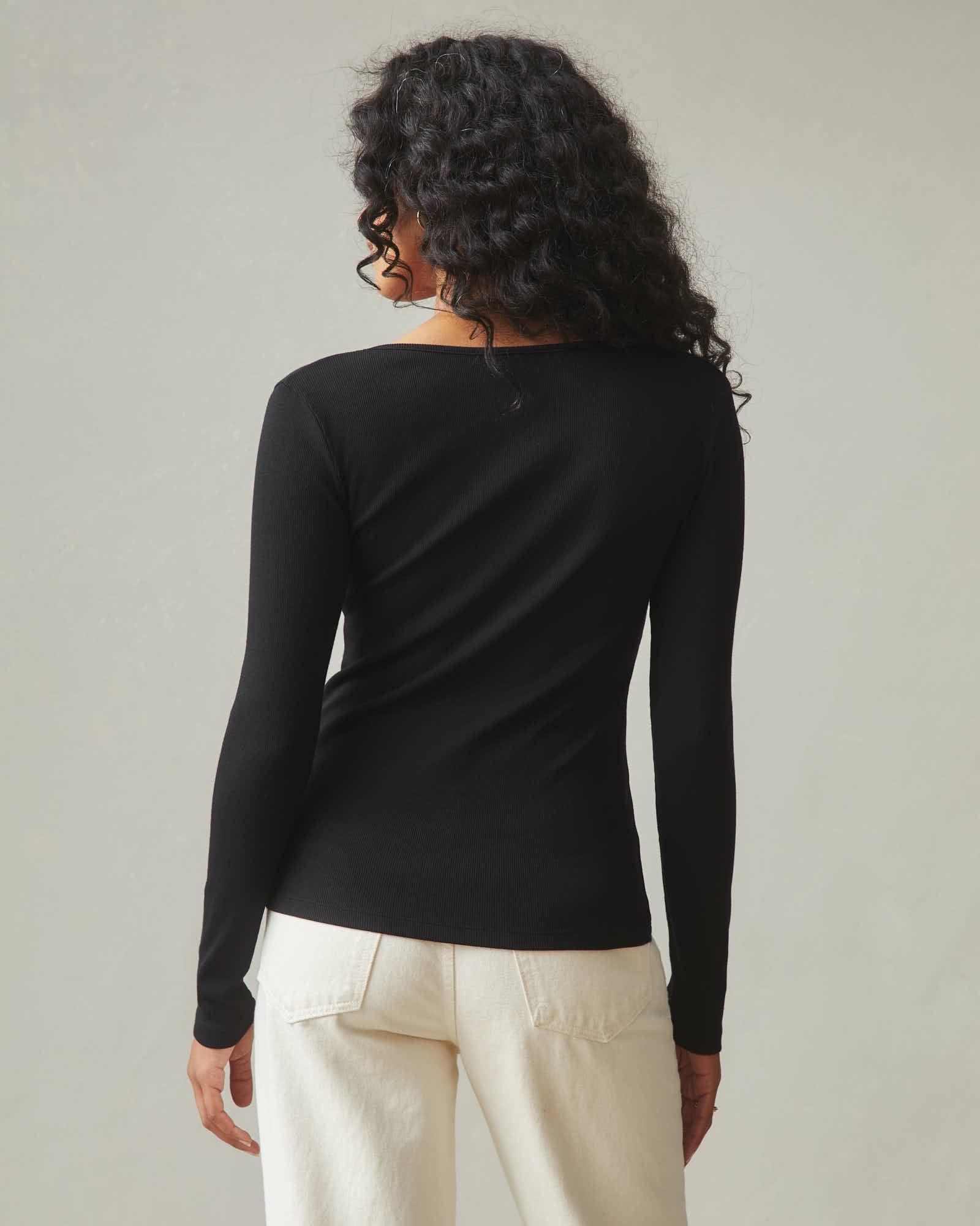 Stretch Rib Square Neck Long Sleeve - Black Product Image