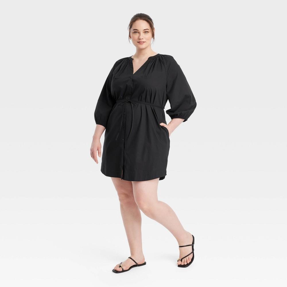 Womens Balloon 3/4 Sleeve Mini Shirtdress - A New Day Black 4X Product Image