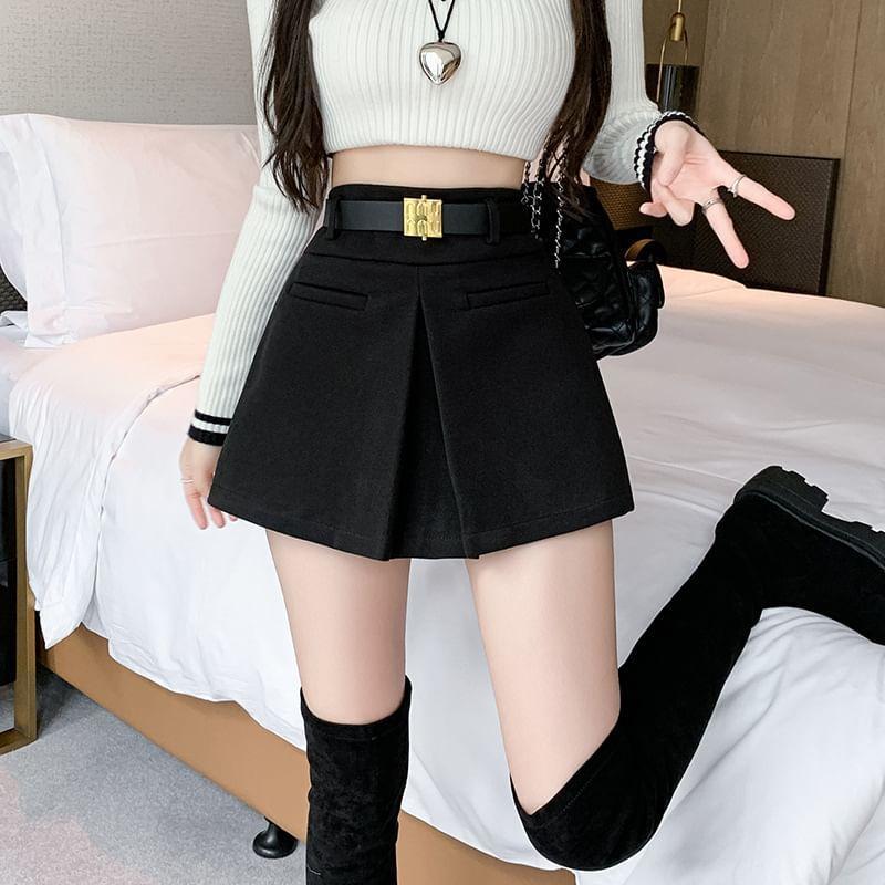 High Waist Plain Pleated Mini Skort Product Image