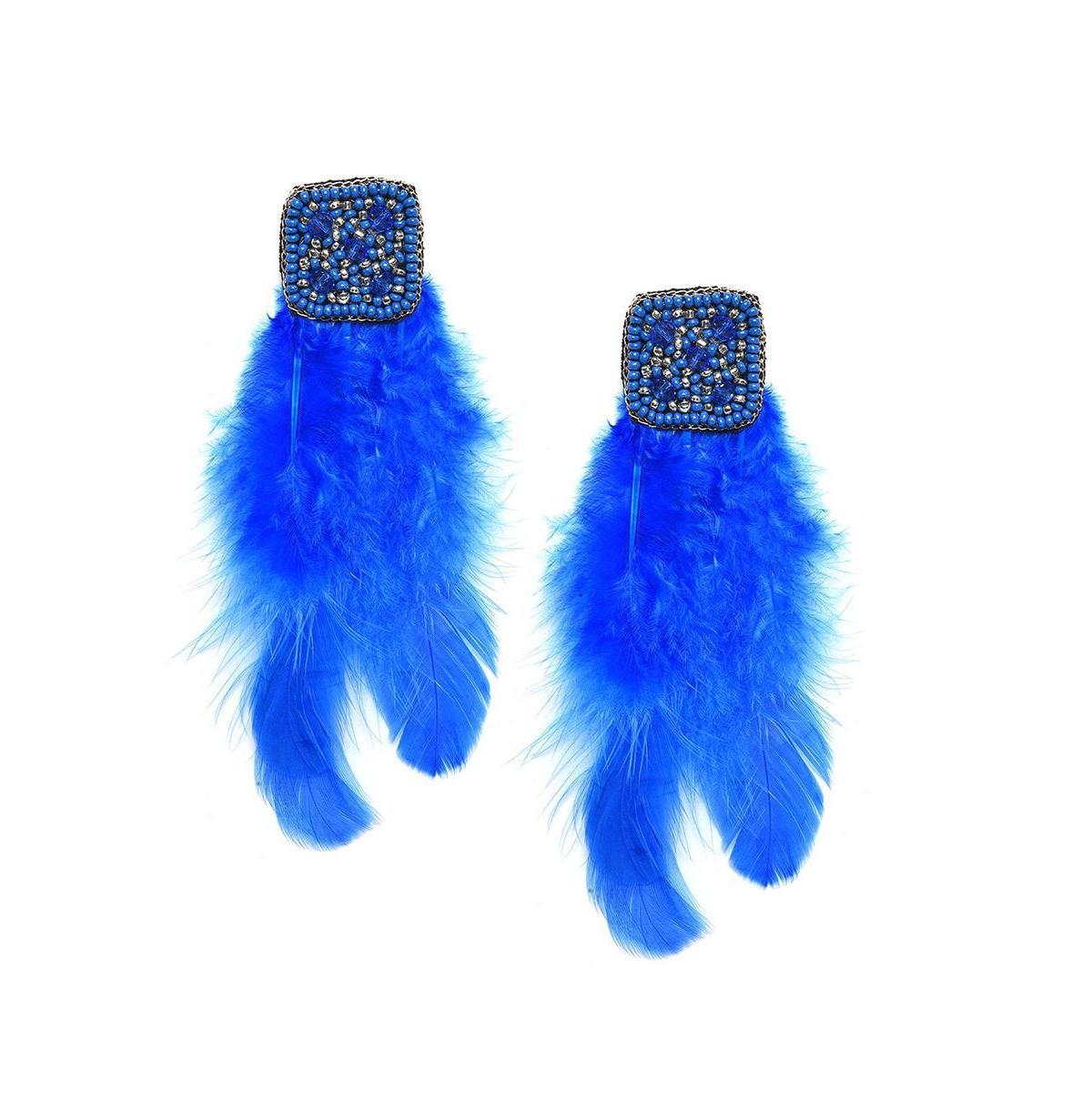 Sohi Womens Blue Beaded Feather Drop Earrings Product Image