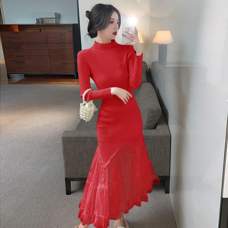 Long-Sleeve Mock Neck Mesh Panel Asymmetrical Midi A-Line Dress Product Image