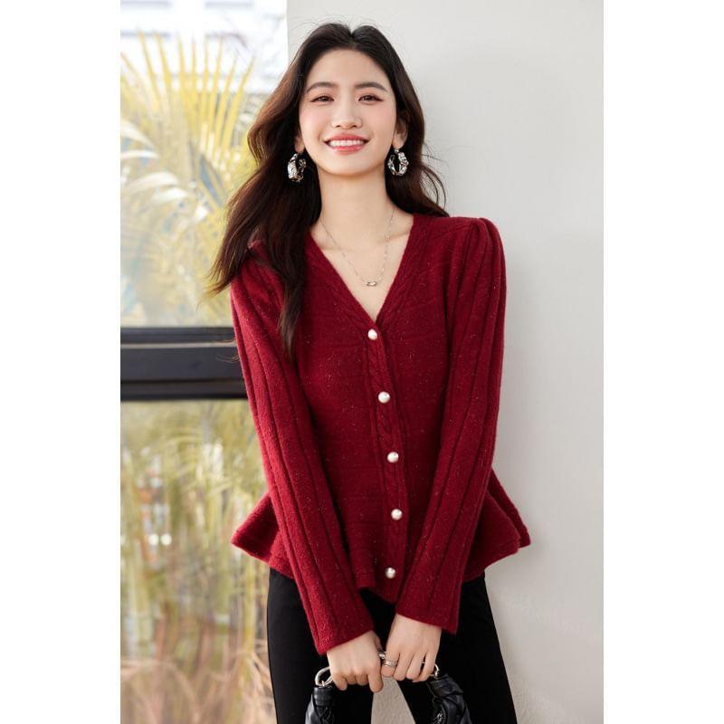 V-Neck Plain Cable Knit Button-Up Crop Cardigan Product Image