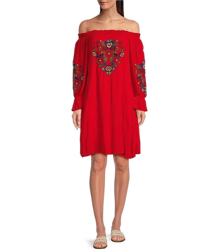 Reba Off-the-Shoulder Long Sleeve Floral Embroidered Dress Product Image