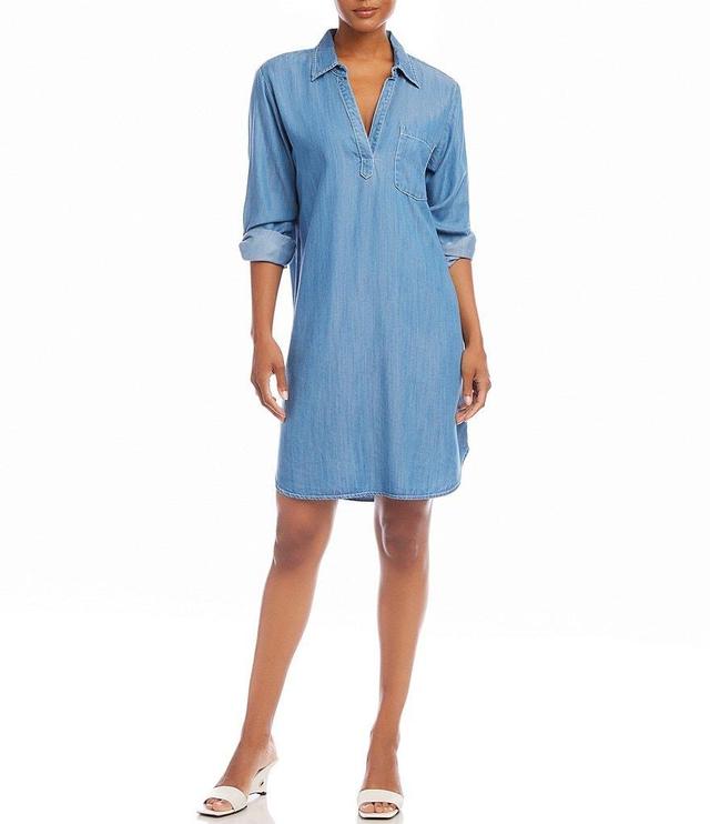 Karen Kane Petite Size Chambray Collared V-Neck Long Roll Tab Sleeve Shirt Dress Product Image