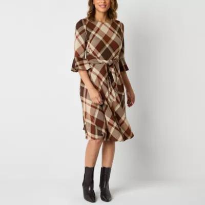 R & K Originals Womens 3/4 Sleeve Plaid Fit + Flare Dress Product Image