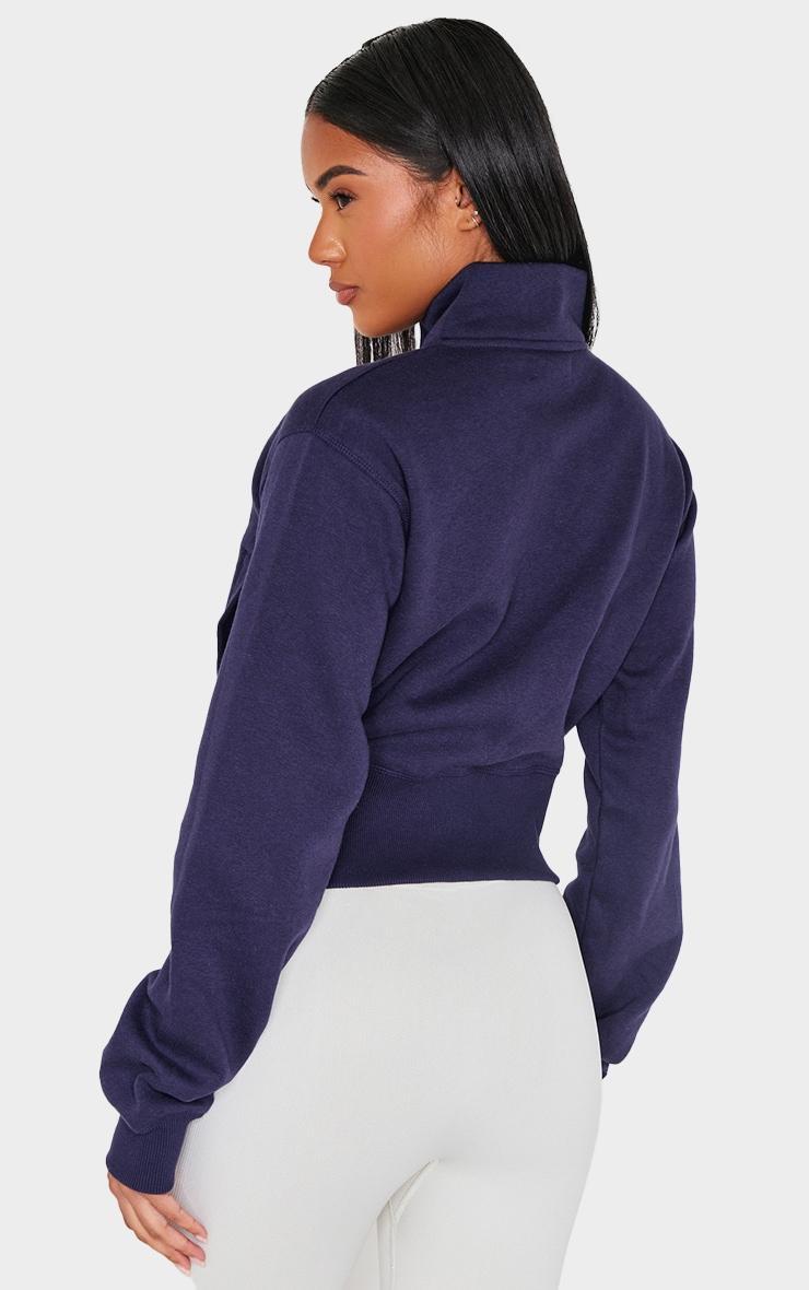 Navy Ribbed Hem High Neck Zip Up Sweatshirt Product Image