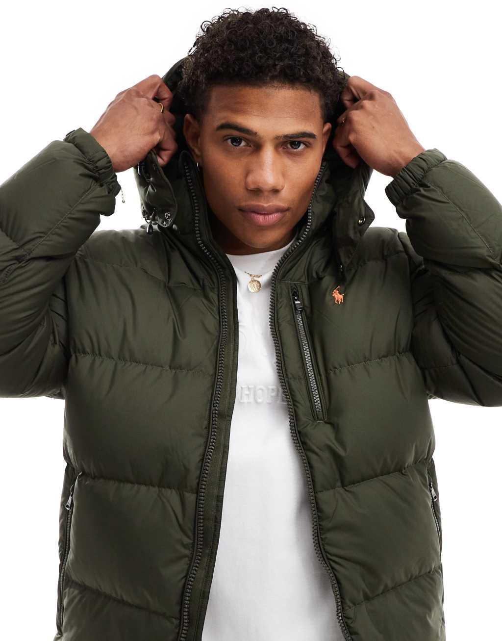 Polo Ralph Lauren icon logo hooded down puffer jacket in olive green Product Image