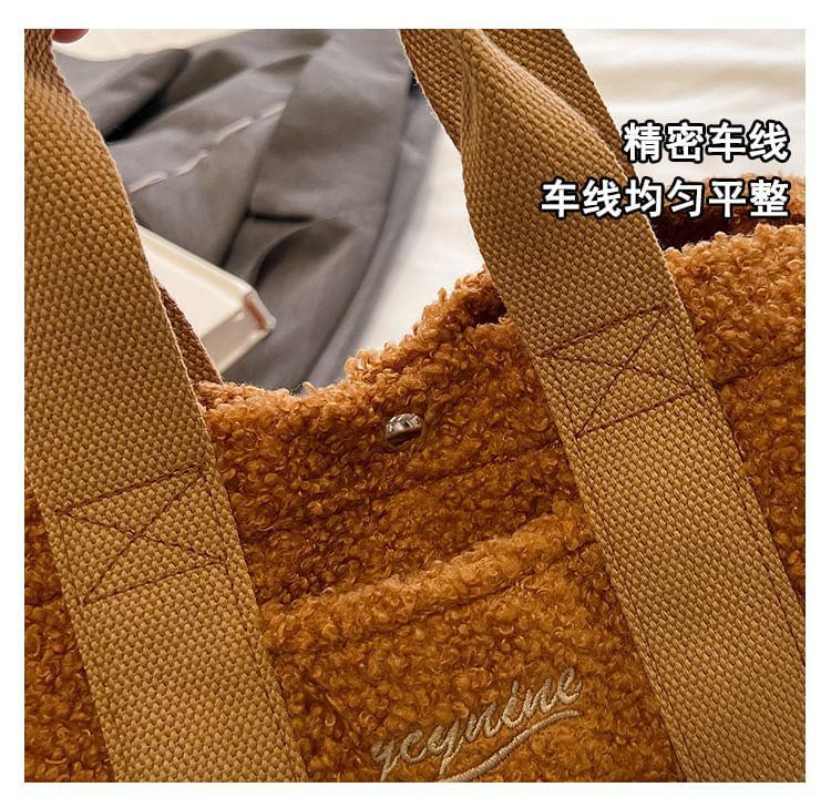 Letter Embroidered Faux Shearling Crossbody Bag Product Image