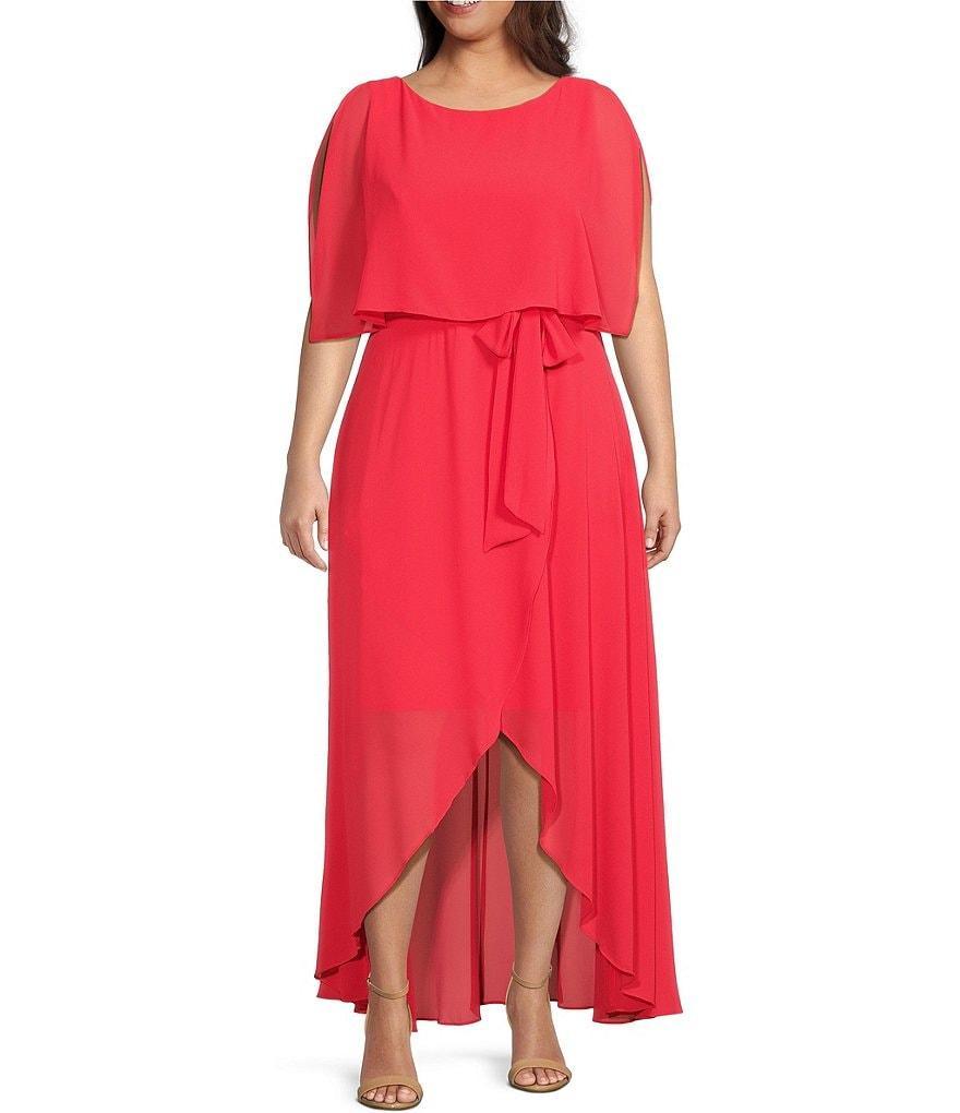 Jessica Howard Plus Size Short Sleeve Crew Neck Tie Waist Chiffon Hi-Low Maxi Dress Product Image