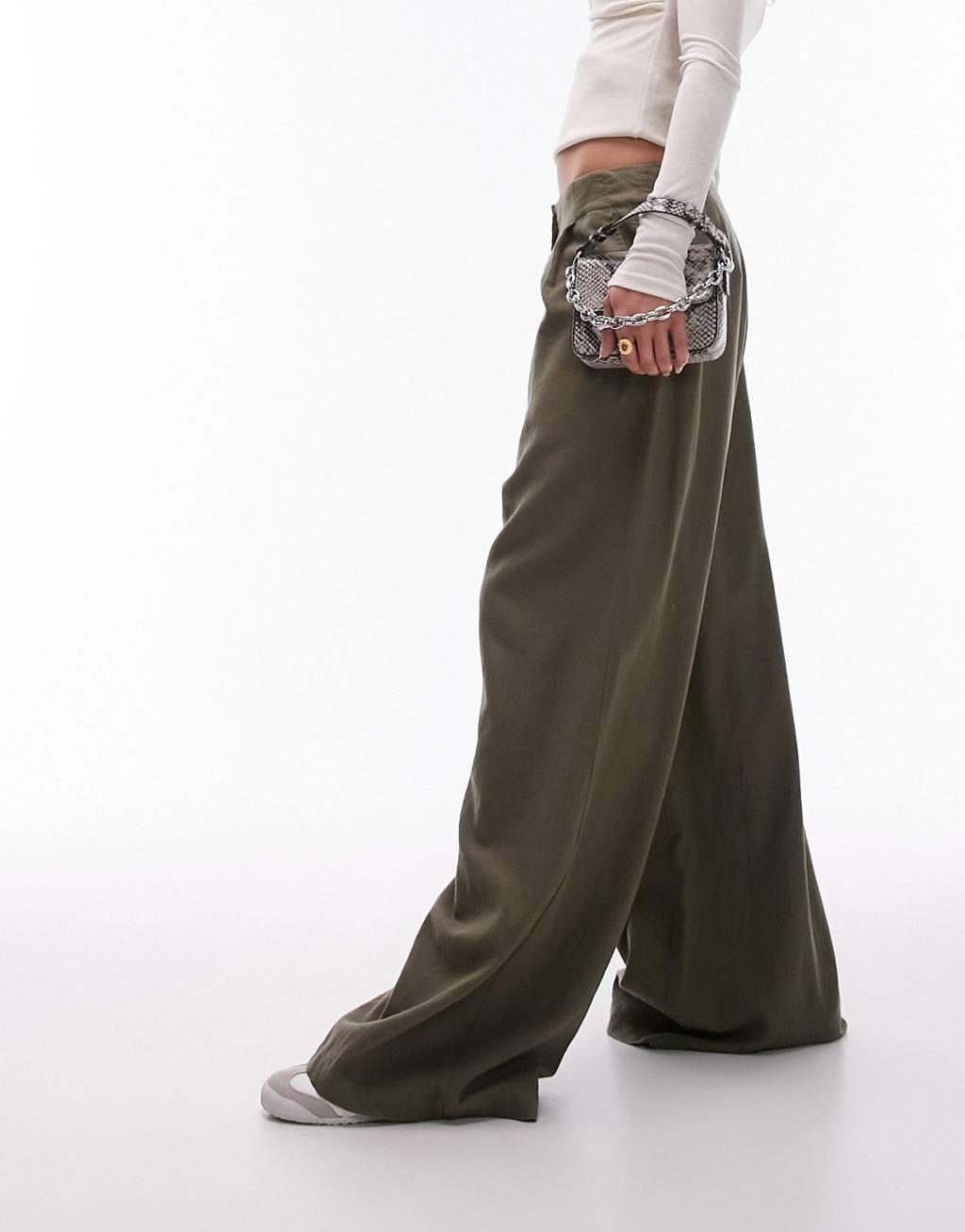 Topshop linen high waist super wide leg pants in khaki Product Image