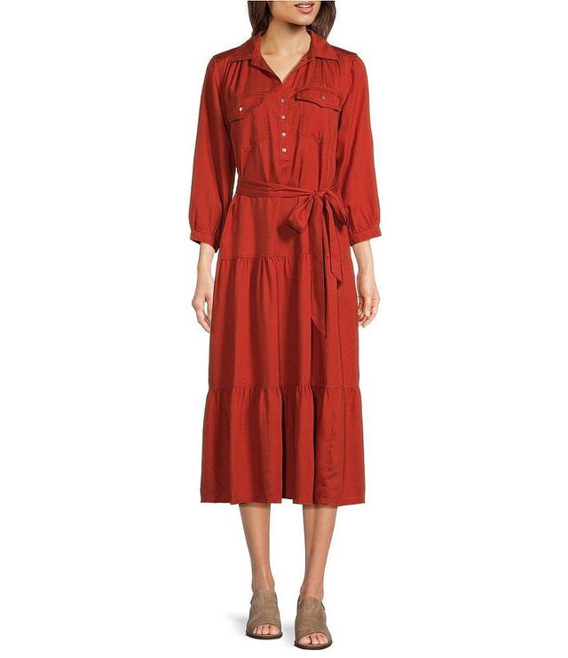 Nurture by Westbound Henley Neckline 3/4 Sleeve Belted Midi Dress Product Image