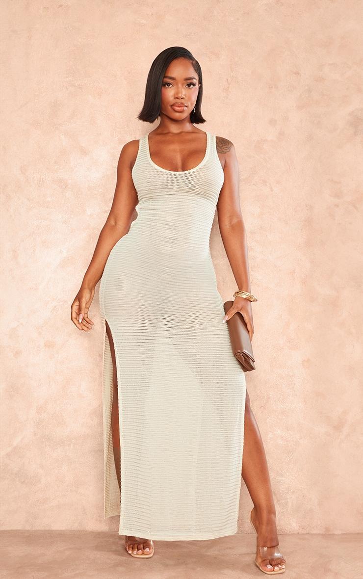 Shape Cream Textured Sheer Cut Out Sleeveless Maxi Dress Product Image