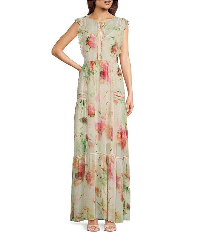 BOSS by Hugo Boss Dacrina Floral Print Drawstring Tie Round Neck Cap Sleeve A-Line Maxi Dress Product Image