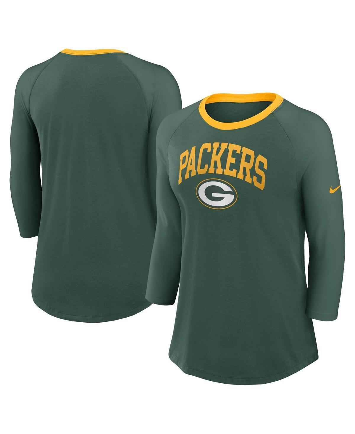 Nike Womens Green Green Bay Packers Raglan 3/4 Sleeve T-Shirt Product Image