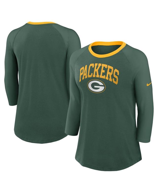 Nike Womens Green Green Bay Packers Raglan 3/4 Sleeve T-Shirt Product Image