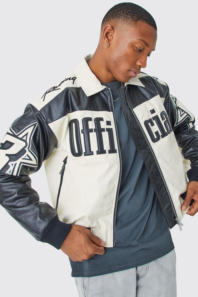 Boxy Fit Pu Moto Collared Bomber | boohooMAN USA Product Image