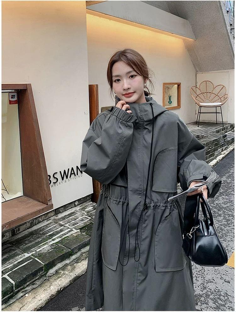 Zip-Up Hooded Plain Long Trench Coat product image