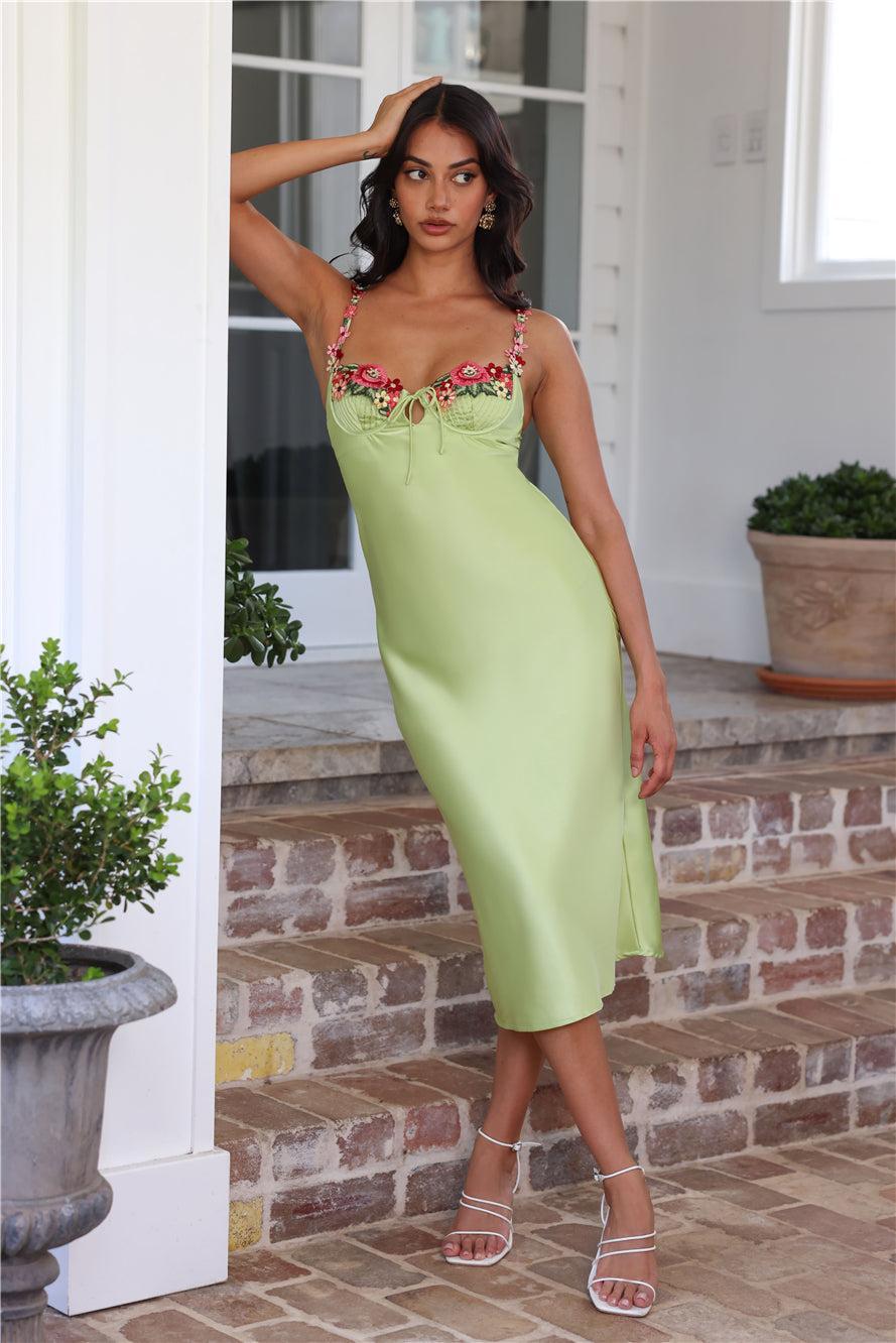 Blooming Relationship Satin Midi Dress Green Product Image