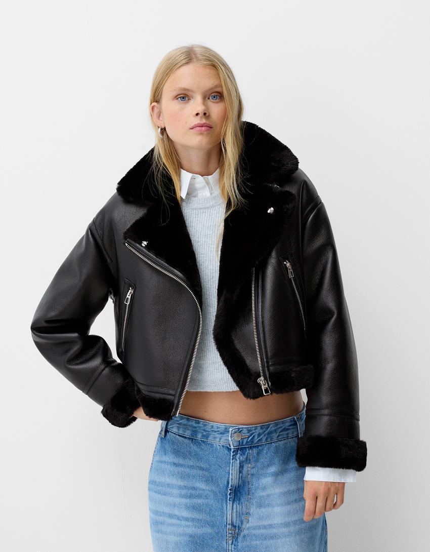 Faux shearling biker jacket product image